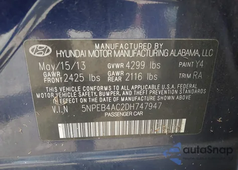 2013 Hyundai Sonata Gls from USA, damaged, VIN 5NPEB4AC2DH747947